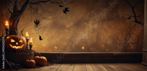 Halloween banner with space for text featuring pumpkins, vintage books, candles and mysterious trees. Fantasy Halloween banner concept