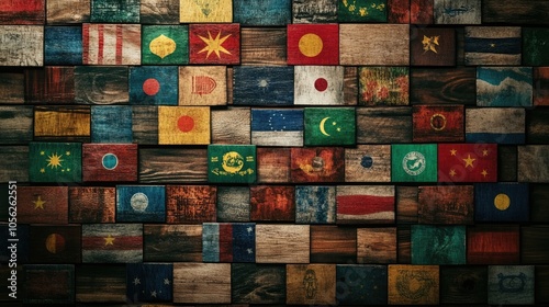 An artistic arrangement of various Asian flags laid out on a wooden surface, creating a colorful mosaic,