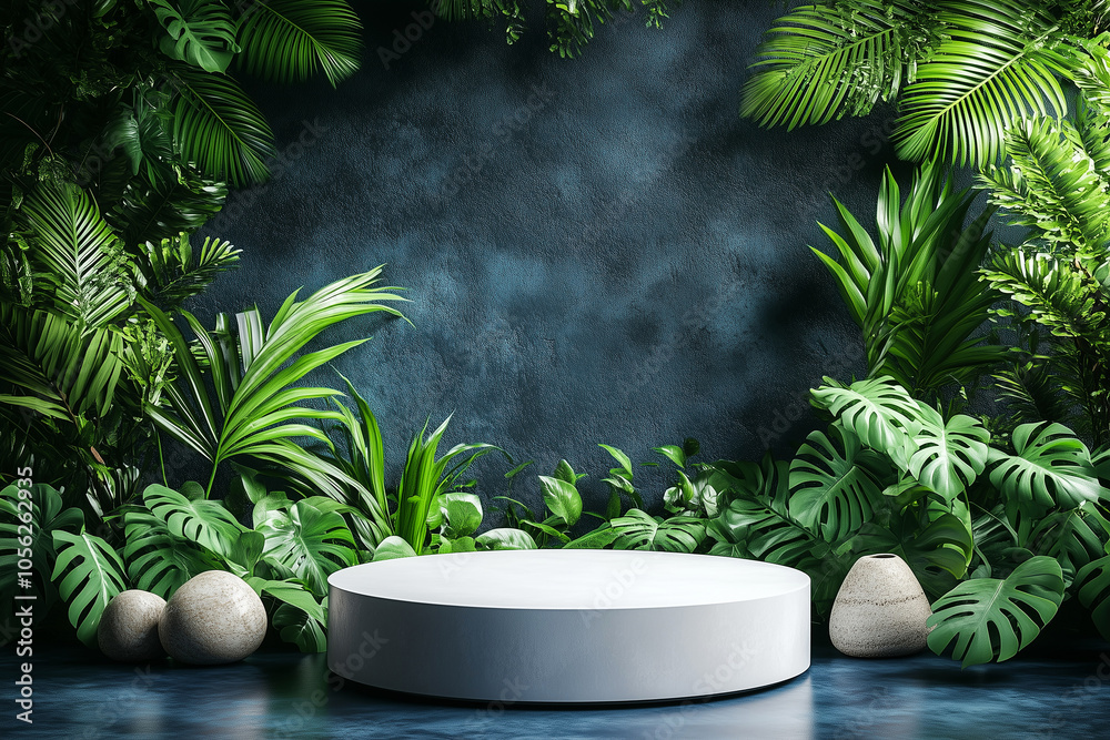 Podium surrounded by lush tropical foliage in a vibrant forest, showcasing an engaging product display Podium surrounded by lush tropical foliage in a vibrant forest, showcasing an engaging product display