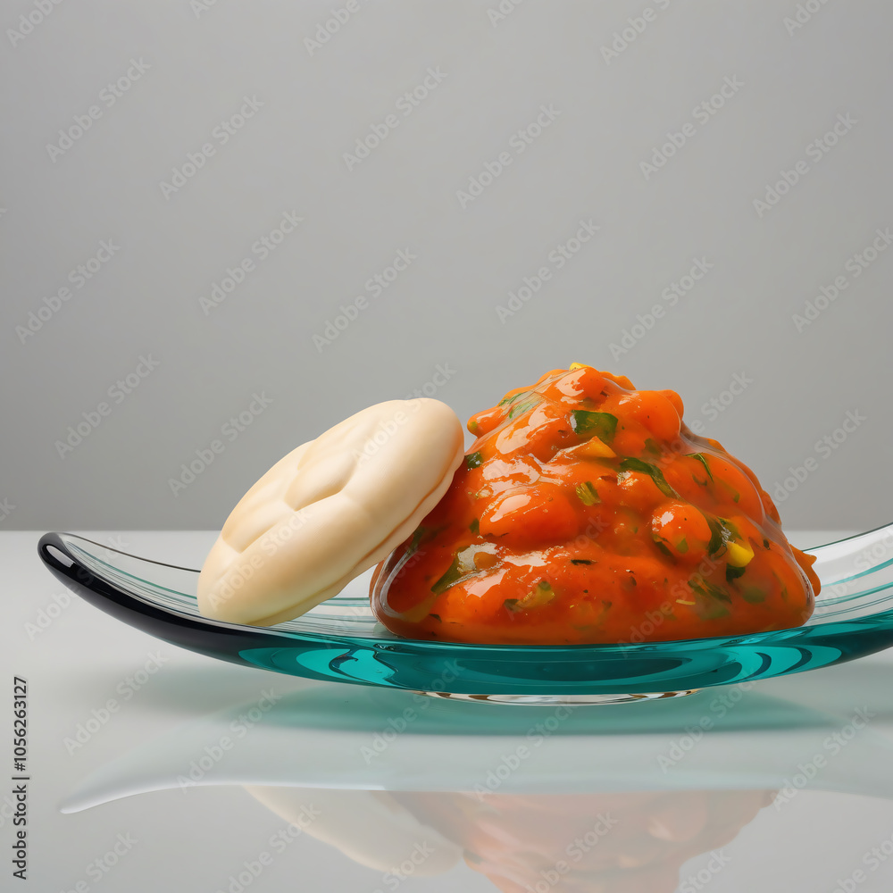 Stunning glass sculpture of Pav Bhaji with vibrant colors and textures, elegantly highlighting the dish's appeal, set against a light gray background, generative ai Stunning glass sculpture of Pav Bhaji with vibrant colors and textures, elegantly highlighting the dish's appeal, set against a light gray background, generative ai