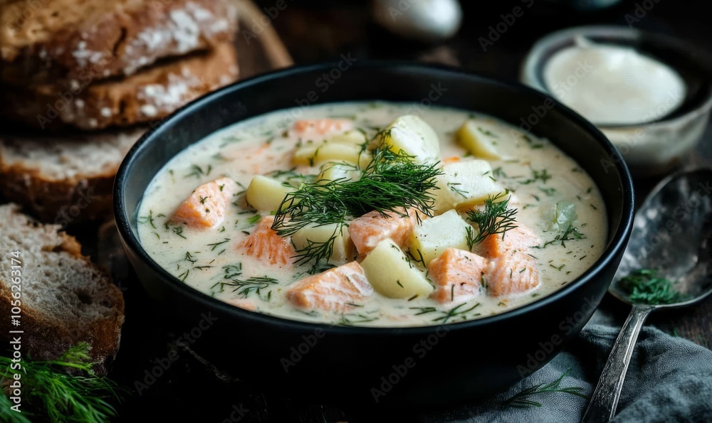 Salmon Fish Soup with Cream Potato Carrots Leek and Dill in a Black Bowl on Dark Wooden Table with Rye Bread Finnish Cuisine Classic Dish Salmon Fish Soup with Cream Potato Carrots Leek and Dill in a Black Bowl on Dark Wooden Table with Rye Bread Finnish Cuisine Classic Dish