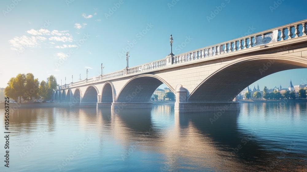 An elegant bridge spanning over a river, highlighting its architectural features against a clear blue sky. An elegant bridge spanning over a river, highlighting its architectural features against a clear blue sky.