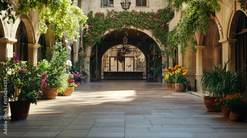 An elegant university courtyard adorned with flowers and decorations for graduation day. An elegant university courtyard adorned with flowers and decorations for graduation day.