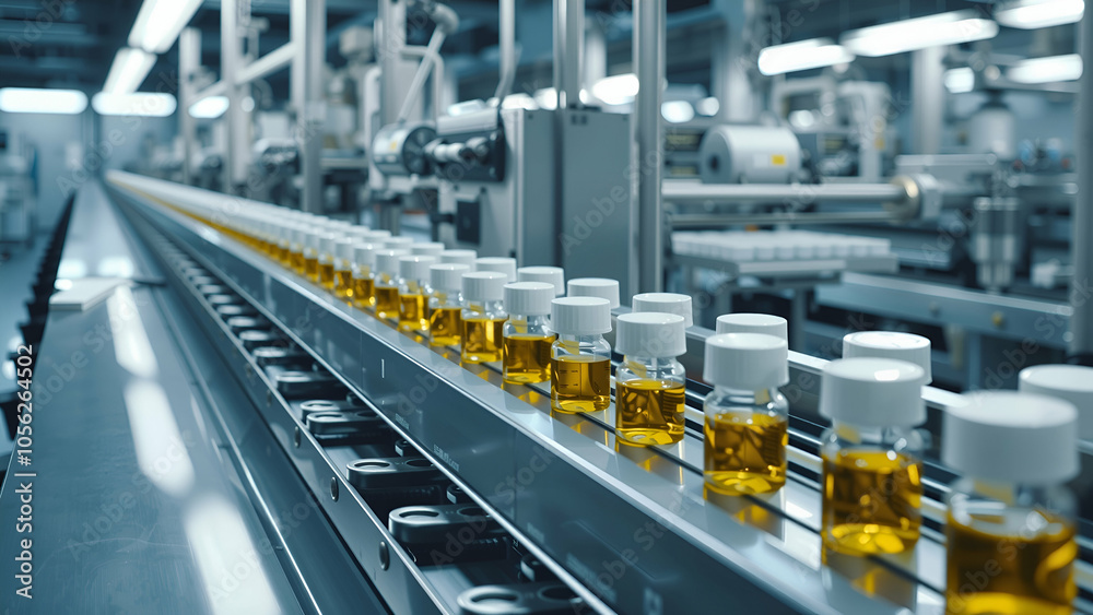 Production line conveyor belt of medicine vials in pharmaceutical healthcare mass production factory manufacturing prescription Production line conveyor belt of medicine vials in pharmaceutical healthcare mass production factory manufacturing prescription