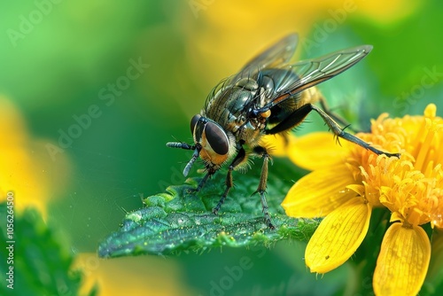 Merodon equestris a hoverfly on Canadian goldenrod leaf in a Dutch garden May