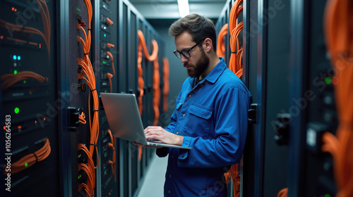 A man in a blue jacket is working on a laptop in a room full of cables. The room appears to be a server room, and the man is focused on his work