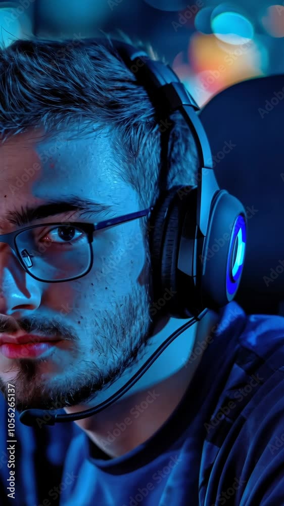 Gamer wearing headset focusing during gaming tournament Gamer wearing headset focusing during gaming tournament