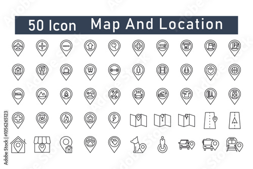
50 linear map pins and location icon pack. maps,pins, navigation,cafe locations,fitness locations,hotel locations,etc.Suitable for app and website design etc, isolated on white background.
