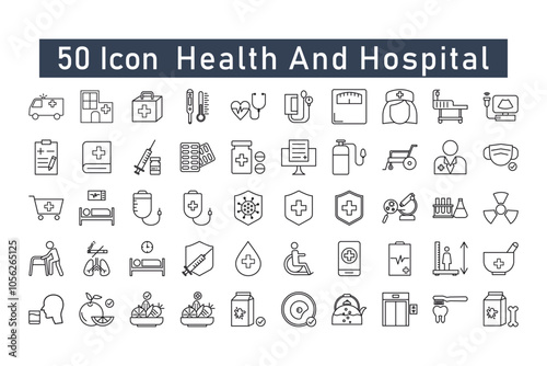 
50 linear health and hospital icon packs. ambulance, laboratory, pills, syringe, nurse icons, etc. Suitable for app and website design etc., isolated on white background.