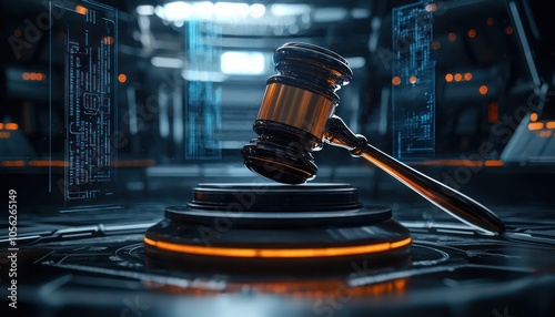 Futuristic Legal Authority: A digital gavel set against a futuristic background, symbolizing modern law and justice.