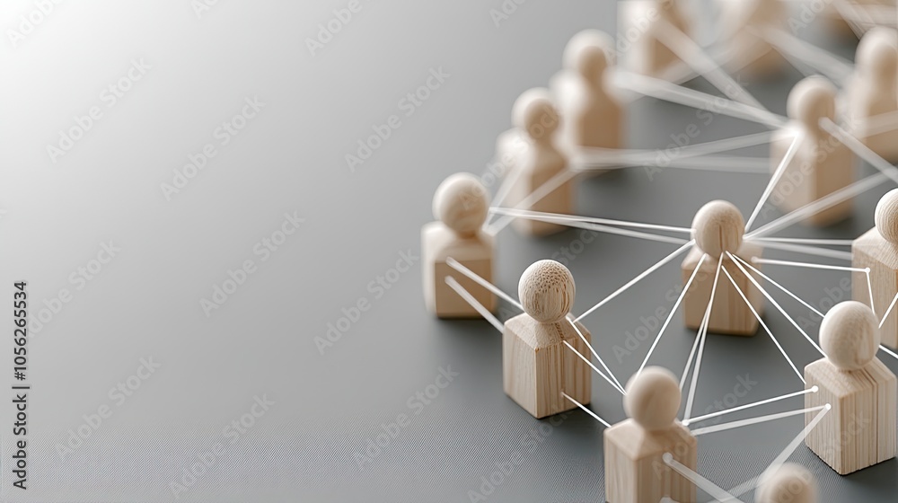 Obraz premium Wooden figures symbolize connections in business and social interactions against a gray and green background