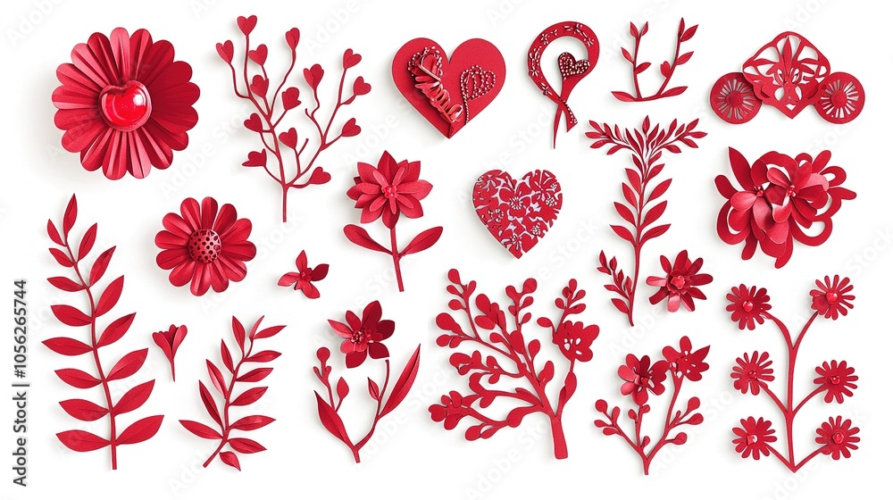 A vibrant assortment of red floral shapes, including hearts and leaves, arranged artistically on a white background. A vibrant assortment of red floral shapes, including hearts and leaves, arranged artistically on a white background.