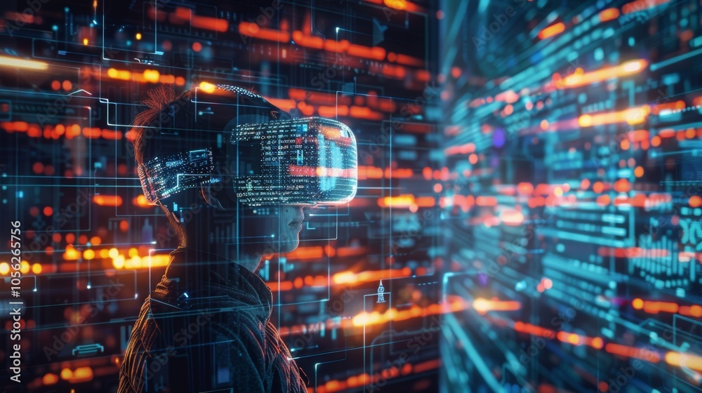 Software engineer wearing virtual reality headset is exploring virtual reality and metaverse, experiencing innovative technology of future Software engineer wearing virtual reality headset is exploring virtual reality and metaverse, experiencing innovative technology of future