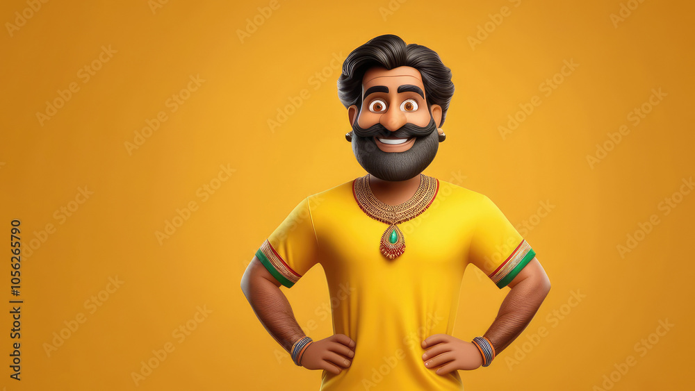 Friendly Indian man with bright smile on solid yellow background, cartoon illustrated banner with copy space Friendly Indian man with bright smile on solid yellow background, cartoon illustrated banner with copy space