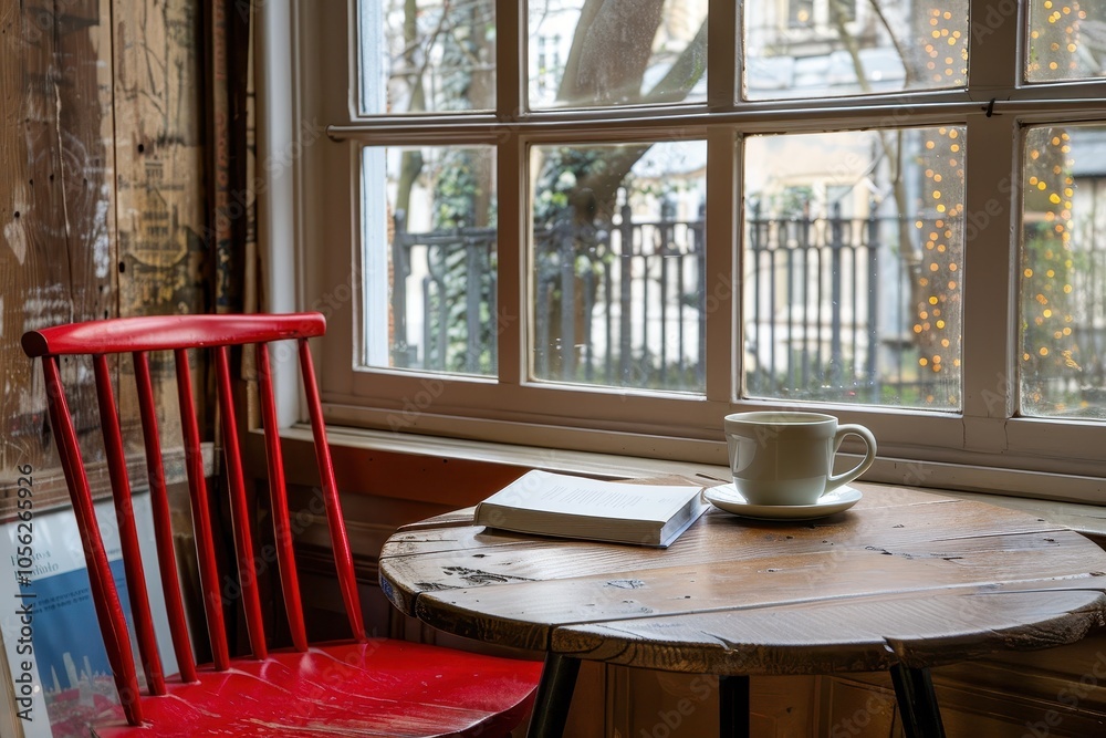 Obraz premium Table with coffee book and red chair near window overview photo
