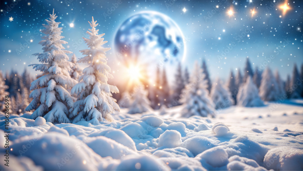 Snowy winter forest under full moonlight with trees blanketed in fresh snow Snowy winter forest under full moonlight with trees blanketed in fresh snow