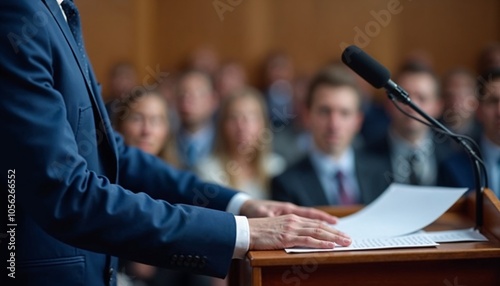 public speaking, election speech, Democratic election, Election campaign, presidential candidate delivering, politician stands, Background With Copy-Space photo