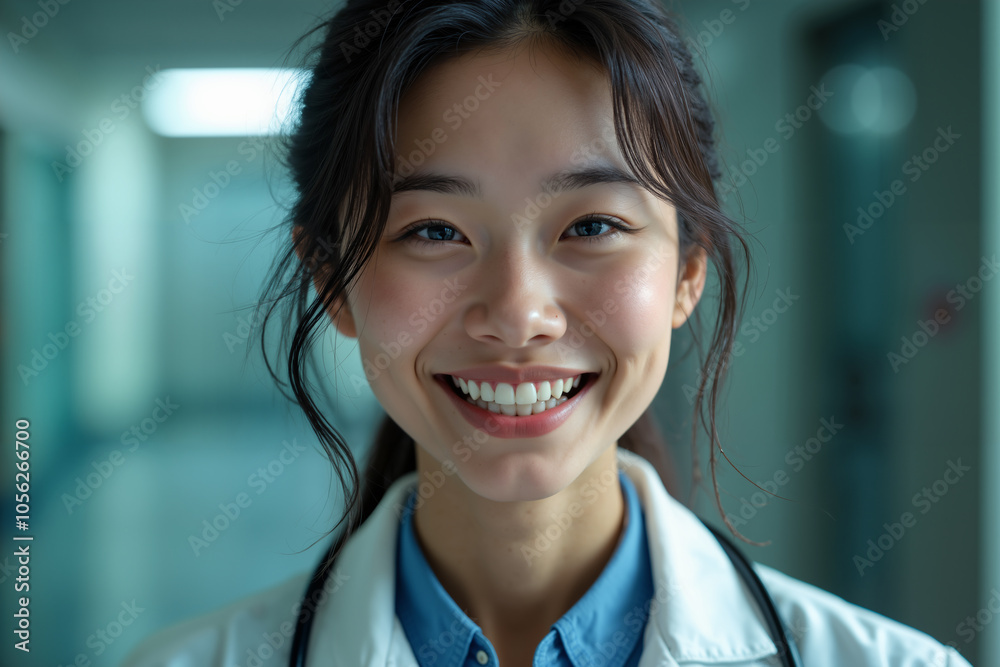 Young woman with a radiant smile, wearing a white lab coat and blue shirt, suggesting she might be a medical professional. Young woman with a radiant smile, wearing a white lab coat and blue shirt, suggesting she might be a medical professional.