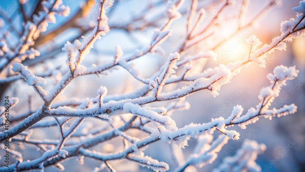 Frosty Branches of Winter Tree Covered in Ice Crystals Against Soft Morning Light Frosty Branches of Winter Tree Covered in Ice Crystals Against Soft Morning Light