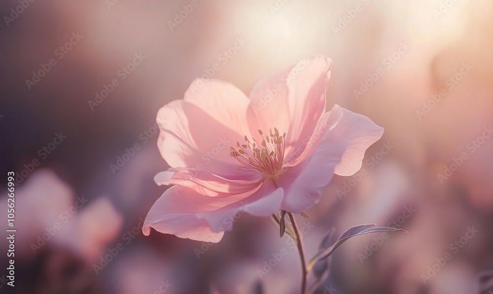 A delicate pink flower blooming in soft light, creating a serene and dreamy atmosphere perfect for spring themes A delicate pink flower blooming in soft light, creating a serene and dreamy atmosphere perfect for spring themes