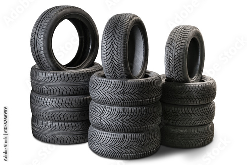 Fényképezés Stacked car tires isolated on white with clipping path included