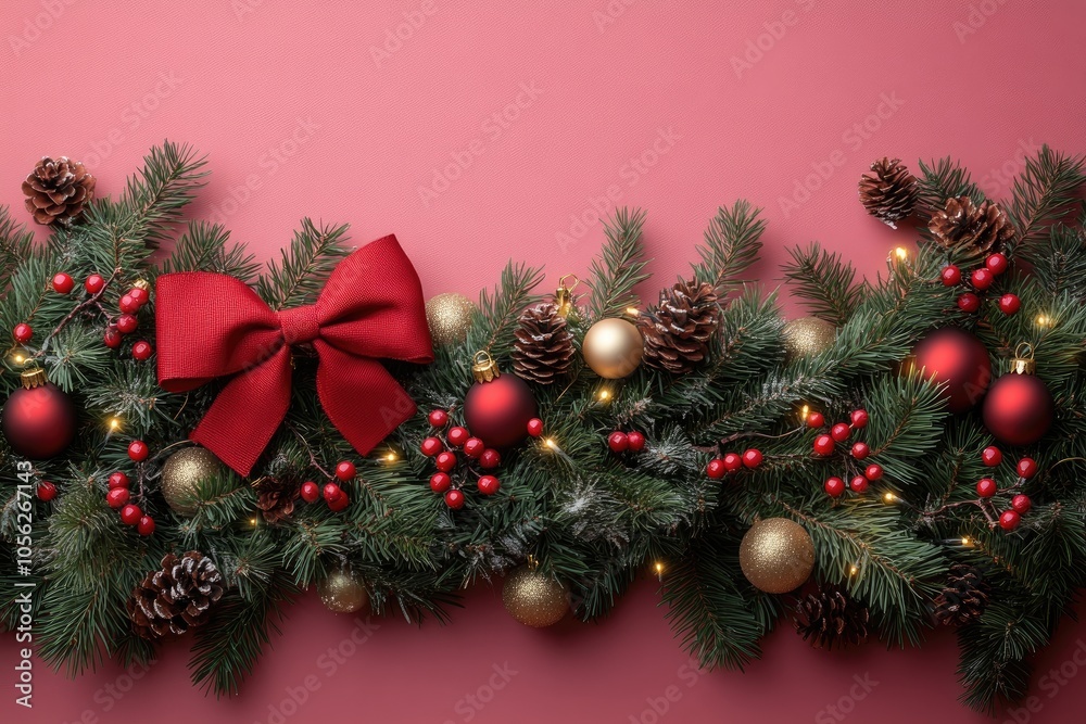 Christmas tree frame border with green fir branches, red bow, berries and gold lights isolated on pink background. Pine, xmas evergreen plants frame. garland decoration, holiday card, copy space Christmas tree frame border with green fir branches, red bow, berries and gold lights isolated on pink background. Pine, xmas evergreen plants frame. garland decoration, holiday card, copy space