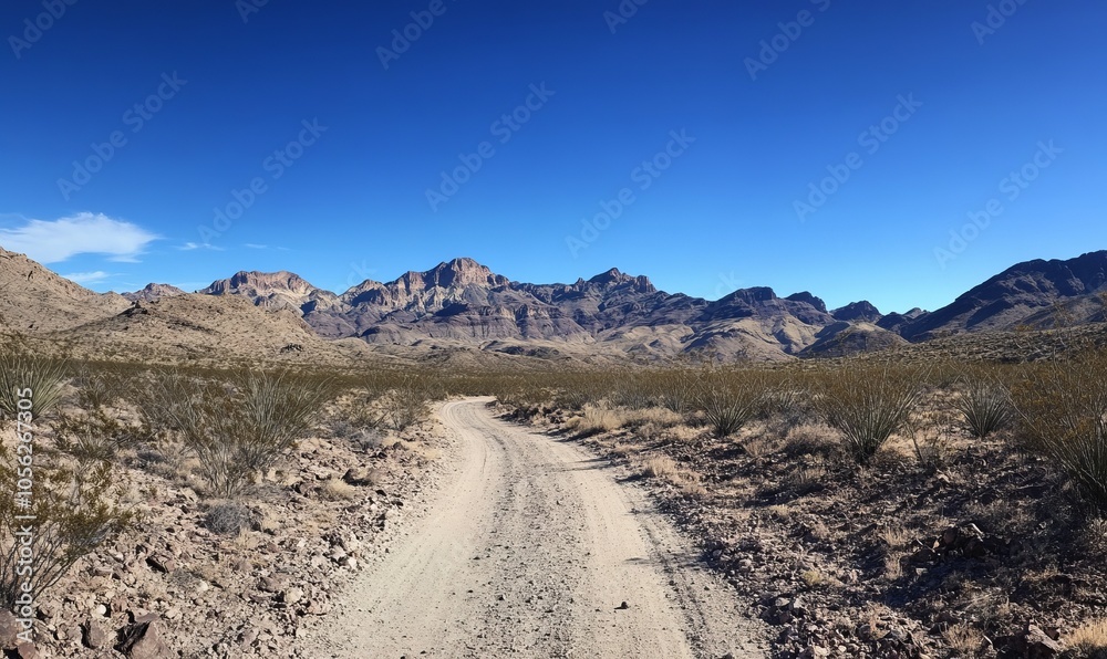 A dirt road cutting through a vast desert landscape, with majestic mountains in the distance under a clear blue sky A dirt road cutting through a vast desert landscape, with majestic mountains in the distance under a clear blue sky