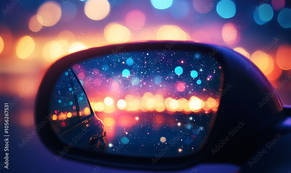 A dreamy reflection captured in a car mirror, showcasing vibrant bokeh lights and a starry background, evoking a sense of wonder A dreamy reflection captured in a car mirror, showcasing vibrant bokeh lights and a starry background, evoking a sense of wonder