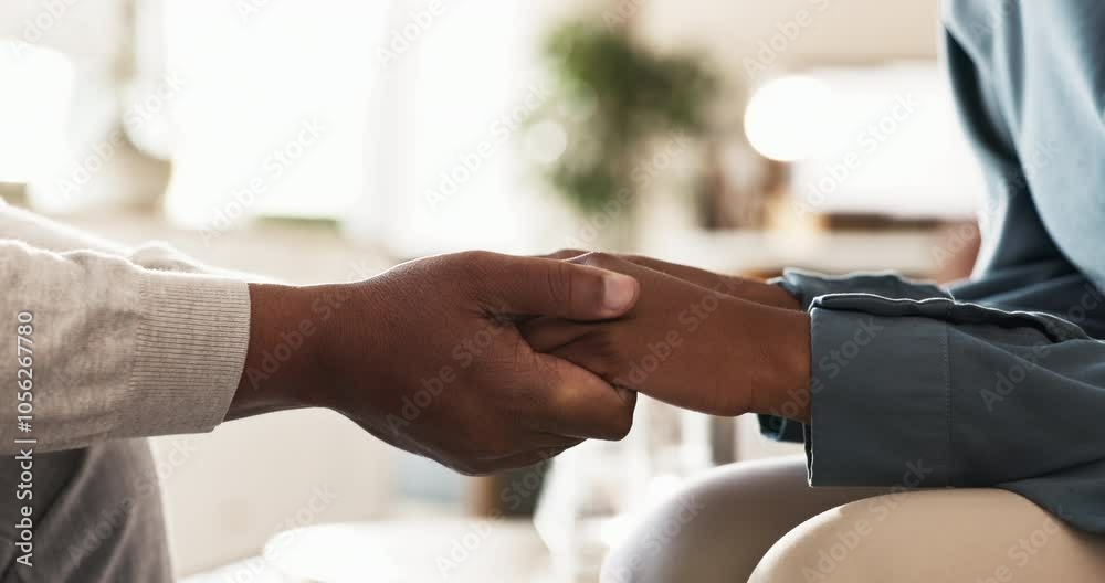 Psychology, helping others and empathy with holding hands of people in office for anxiety, comfort and sympathy. Mental health, mind and advice with closeup for support, trust and compassion