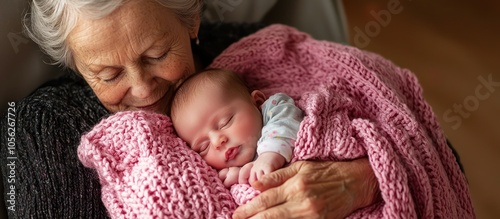 Grandmother cuddling newborn baby in pink knit blanket, tender moment photo