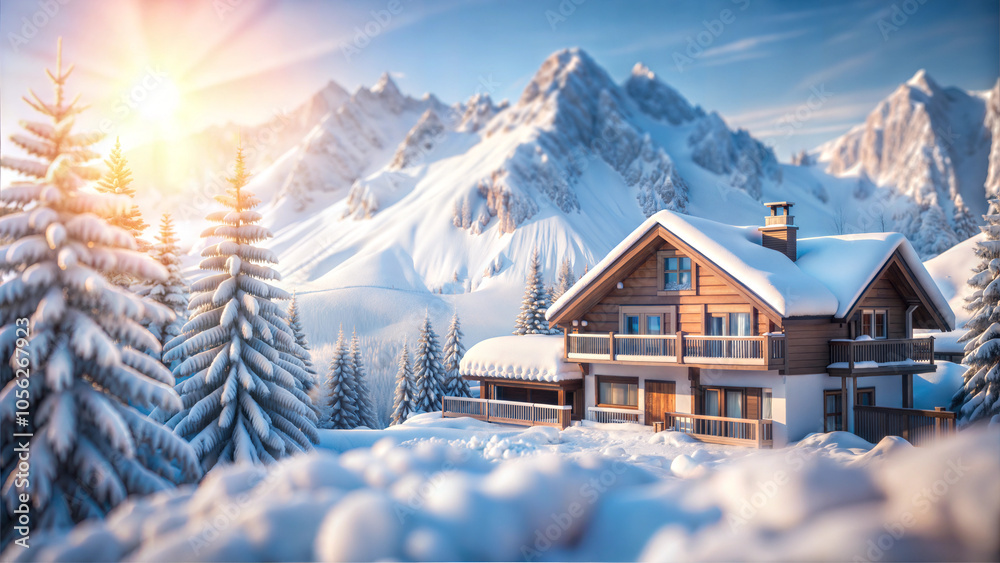 Fototapeta premium Sunrise Over Snow-Covered Chalet in Pine Forest on Snowy Mountain Slope