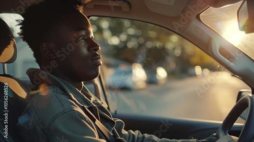 Black driver behind the wheel of a car at sunset, focused on the road ahead.

 photo