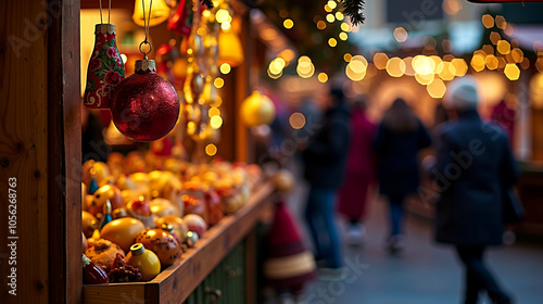 A display of christmas ornaments hanging from the side of a building photo