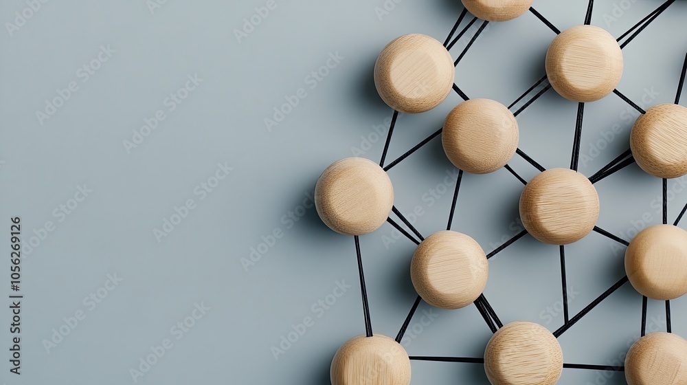 Obraz premium Wooden figures connected by black lines illustrate the concept of social and business networking against a vibrant blue background