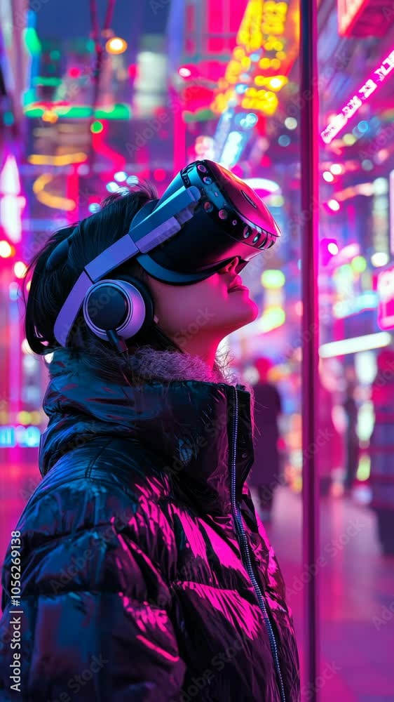 Woman experiencing virtual reality in city at night Woman experiencing virtual reality in city at night