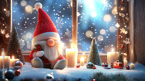 small Christmas gnome with fluffy beard sits by snowy window, surrounded by candles, festive decorations, and miniature trees, creating cozy holiday atmosphere