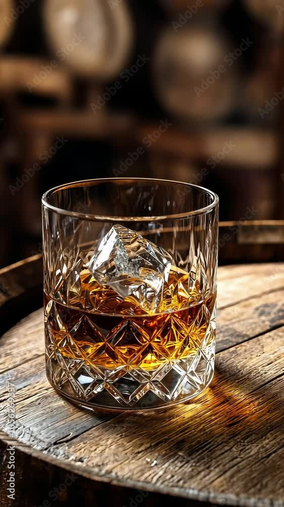 Crystal glass with whiskey and ice resting on oak barrel