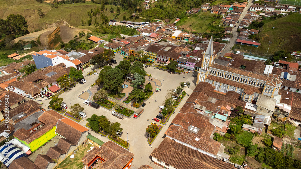 Fototapeta premium Caramanta, Antioquia - Colombia. October 27, 2024. Aerial view with drone of the municipality located in the southwest.