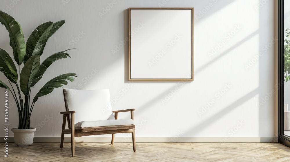 Horizontal blank picture frame displayed in an empty room with a white wall and an armchair on wooden parquet Horizontal blank picture frame displayed in an empty room with a white wall and an armchair on wooden parquet