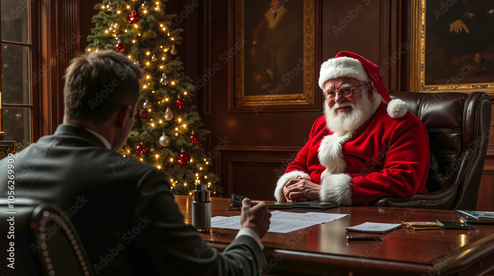 A man in a santa suit sitting at a desk talking to another man A man in a santa suit sitting at a desk talking to another man