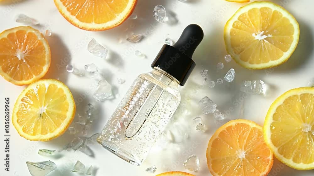 Bright citrus and skin serum arrangement on a marble surface with ice and fresh orange slices