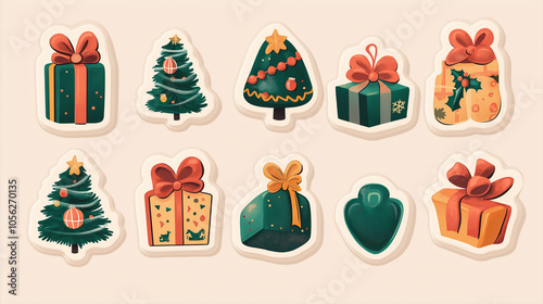 Set of winter holiday themed stickers on beige background