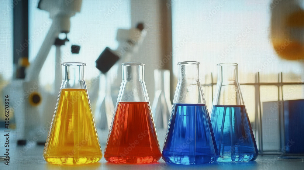 Glass test tubes with liquid stand on a table in a medical laboratory.
