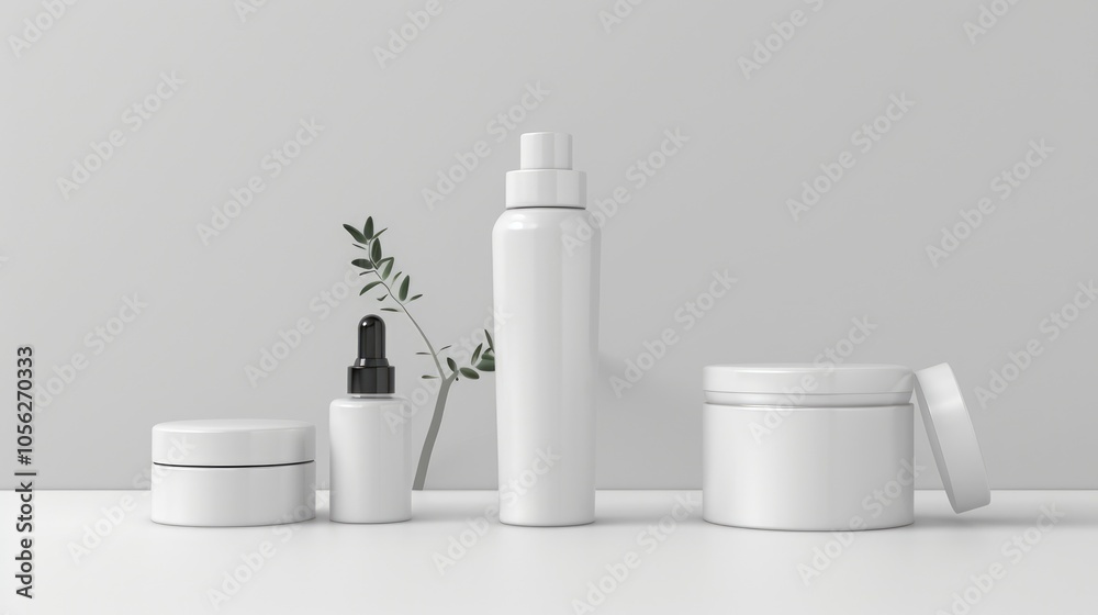 Cream and liquid packaging: White cosmetic bottles, label-free, for skincare products with room for text and stickers. Cream and liquid packaging: White cosmetic bottles, label-free, for skincare products with room for text and stickers.