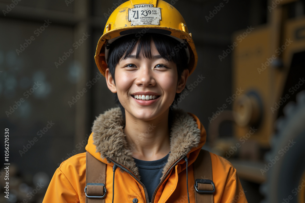 Young woman wearing a hard hat and safety vest, likely a construction worker or mechanic, is smiling at the camera with a background of industrial machinery. Young woman wearing a hard hat and safety vest, likely a construction worker or mechanic, is smiling at the camera with a background of industrial machinery.