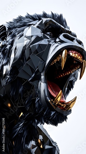 A black and gold gorilla head made of geometric shapes, with sharp teeth and a red tongue, is roaring against a white background in a close-up shot. It is a 3D rendering digital art with high resoluti photo