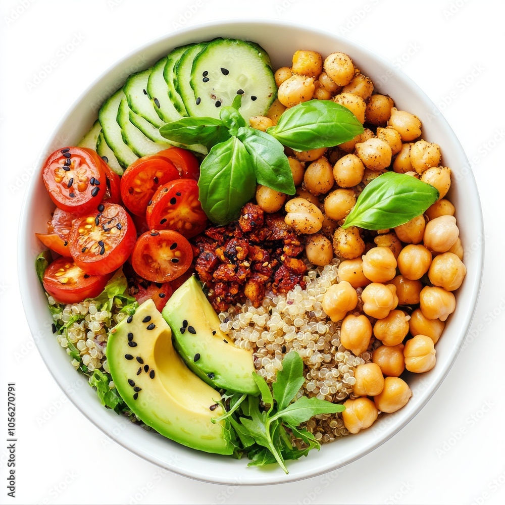 A colorful and healthy grain bowl featuring fresh vegetables and chickpeas. This vibrant dish is perfect for a nutritious meal. It showcases a mix of textures and flavors. AI A colorful and healthy grain bowl featuring fresh vegetables and chickpeas. This vibrant dish is perfect for a nutritious meal. It showcases a mix of textures and flavors. AI