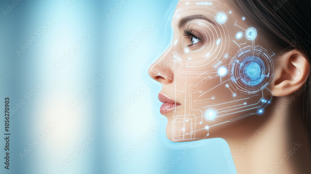 Obraz premium Innovative Beauty Analysis, Young Woman Undergoing Digital Skin Scan 
