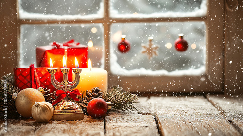 festive menorah with lit candles, surrounded by Christmas decorations, presents, and ornaments, creates warm holiday atmosphere. Snow gently falls outside window photo