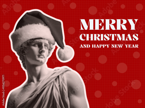 merry christmas and happy new year concept collage design with ancient statue wearing Santa hat holiday greeting card red background retro halftone dotted festive elements